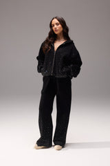 Oversize-Hoodie mit Strass-Zip-Verschluss und Jogginghose mit weitem Bein – Schwarz