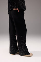 Rhinestone Wide Leg Jogger - Black