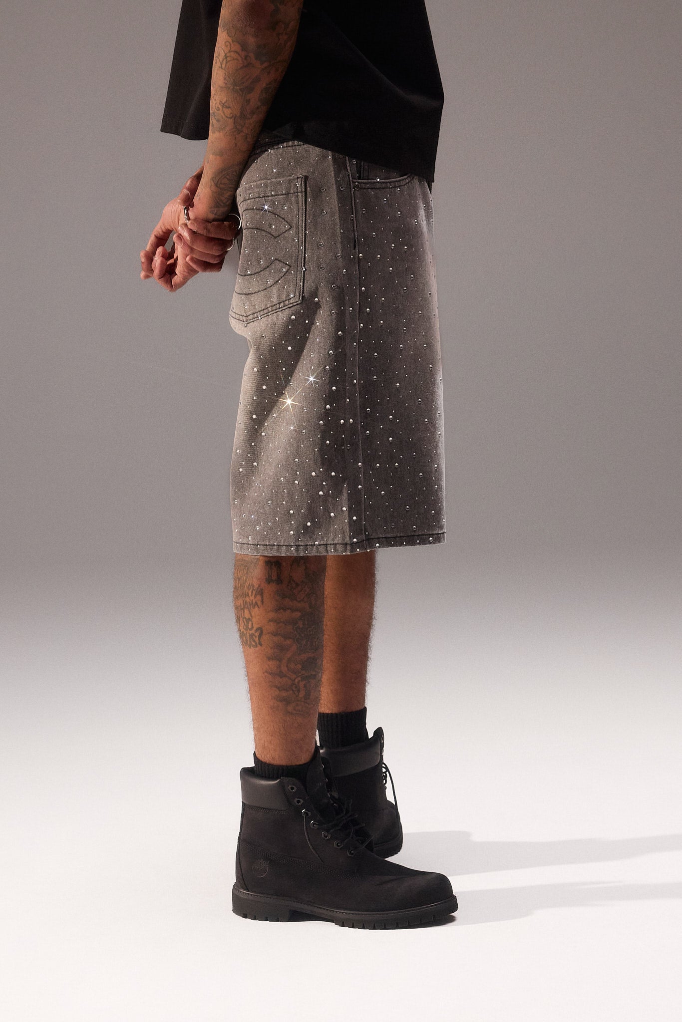 Rhinestone Jort - Washed Grey