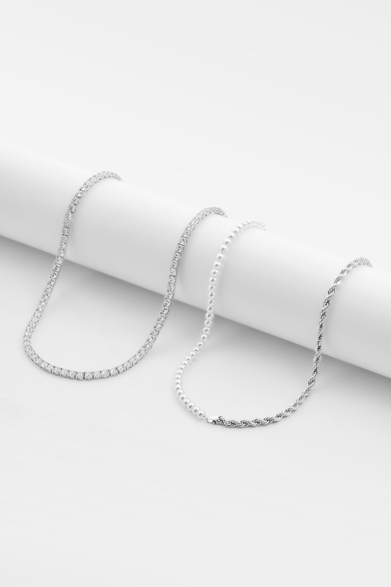 Half Rope and Pearl Necklace & 5mm Tennis Chain - White Gold