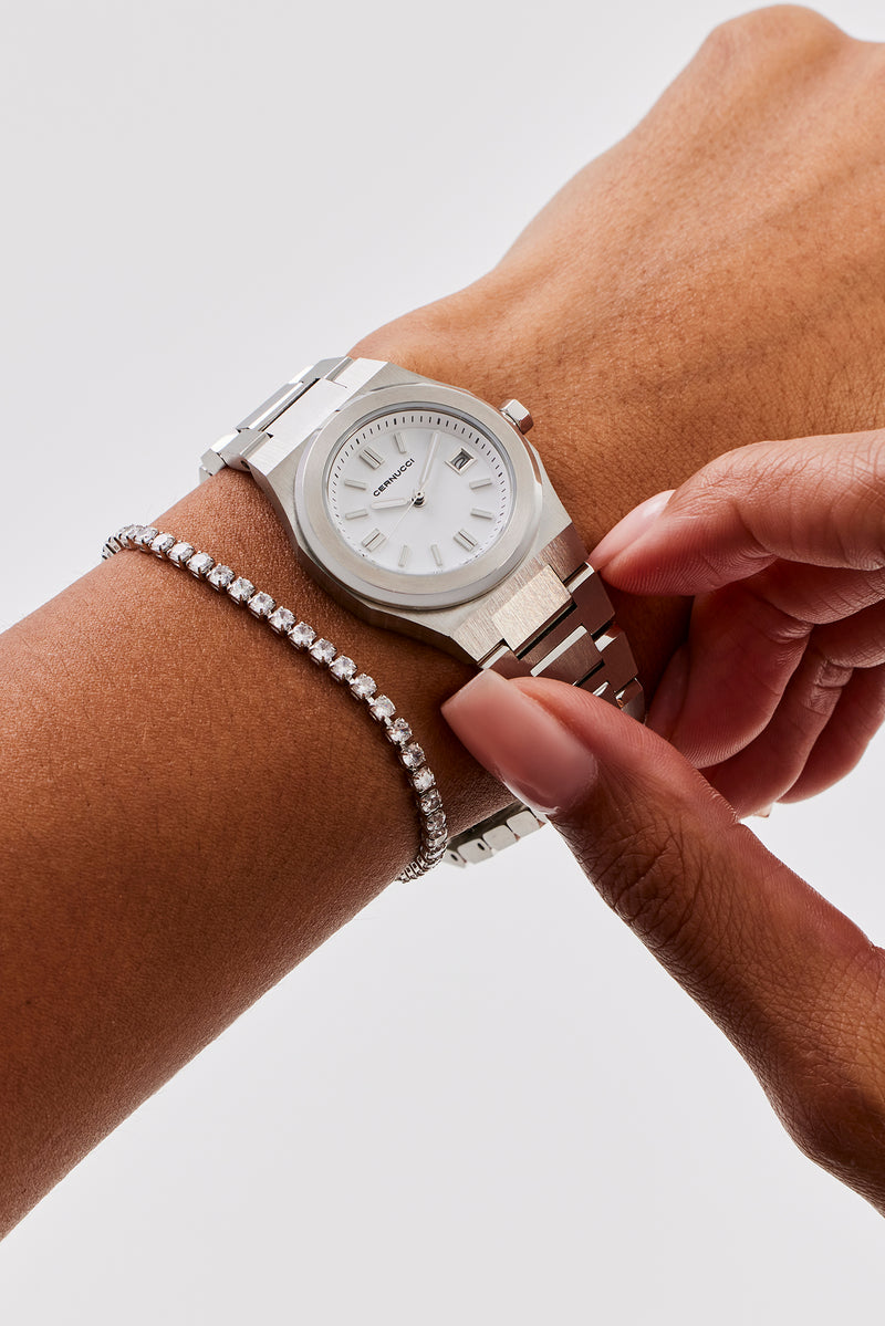 Cernucci – Polierte Uhr mit weißem Zifferblatt – Silber
