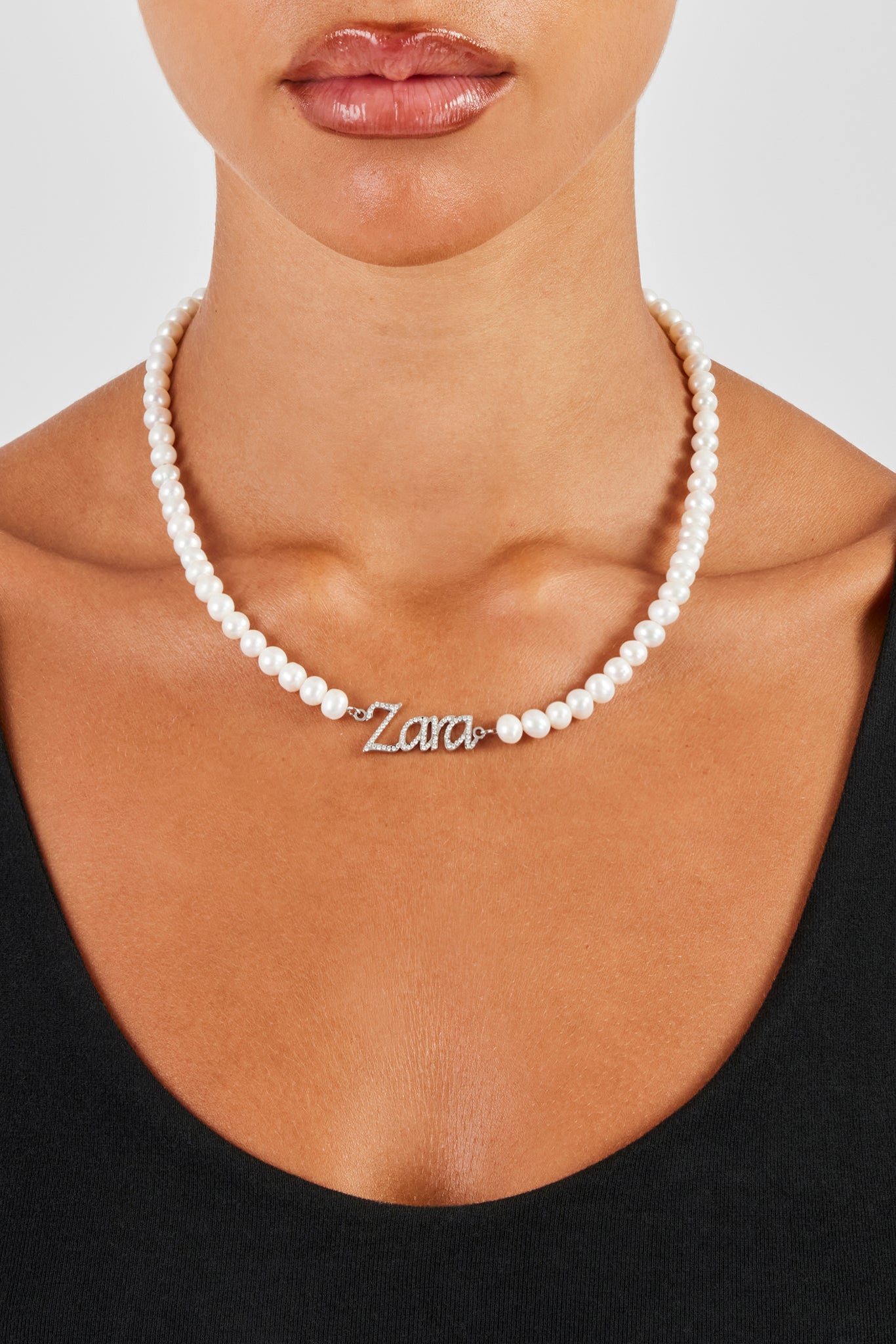 Iced Name Freshwater Pearl Necklace - White - 10mm