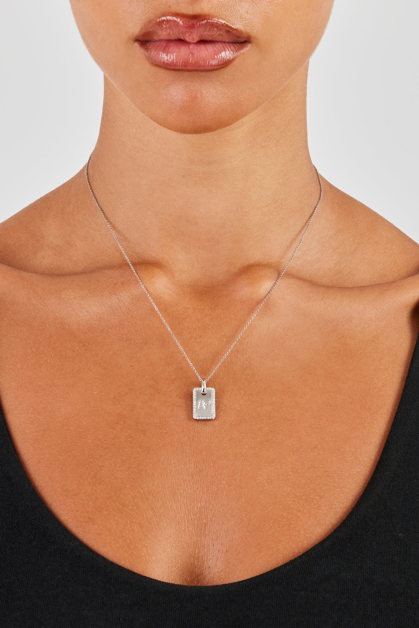 Iced Edge Initial Tag Necklace - White - 15mm