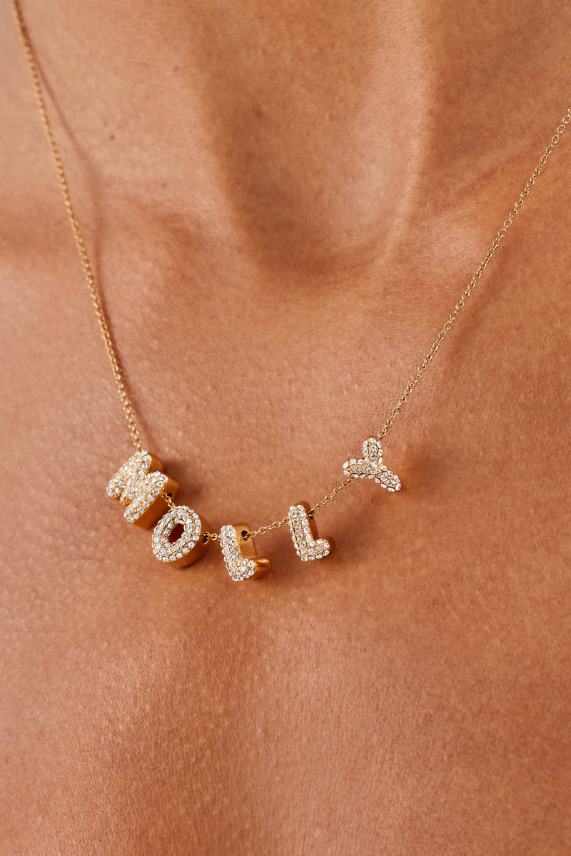 Iced Mini Bubble Name Necklace Gold Womens Custom Shop