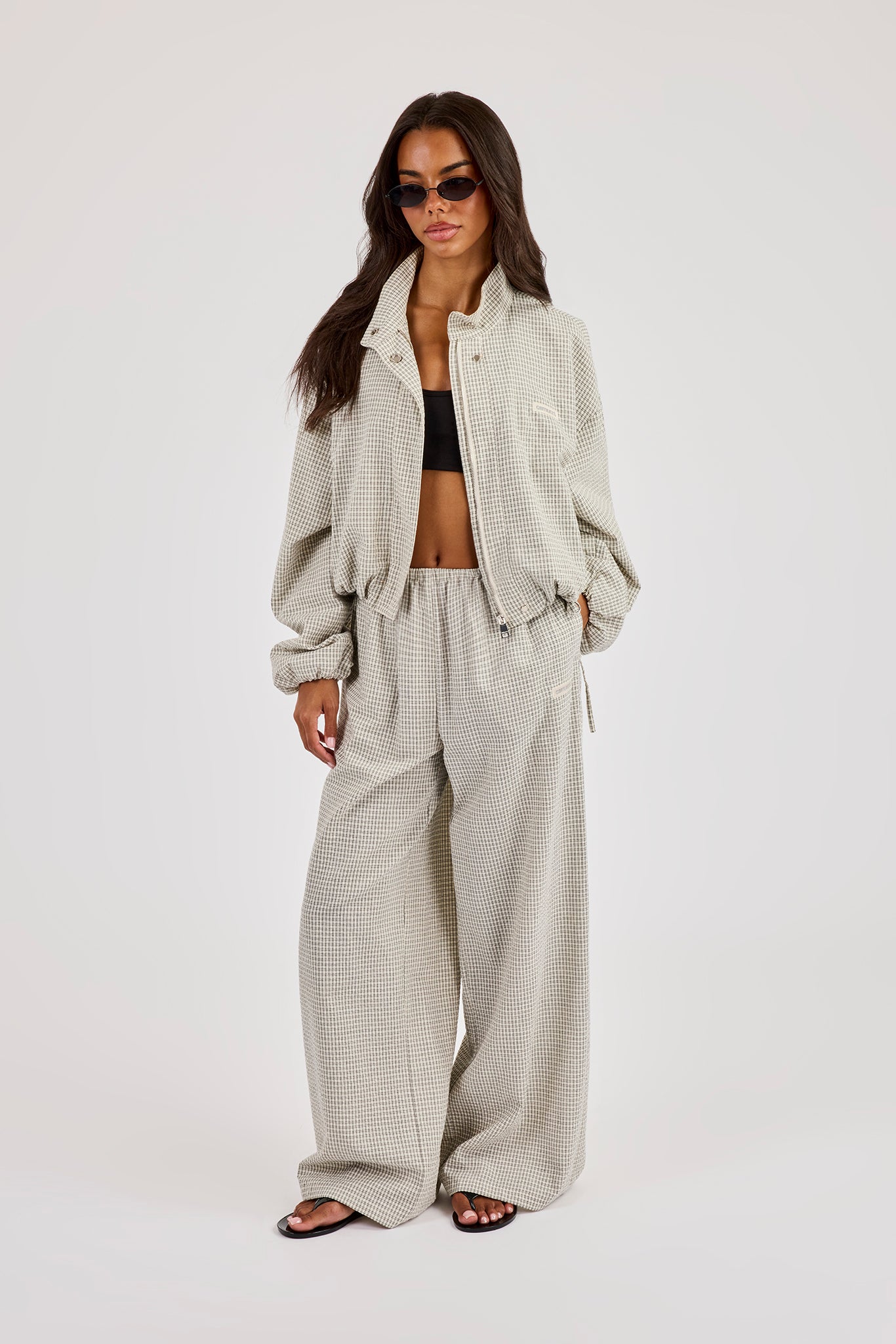 Check Twill Funnel Neck Jacket & Wide Leg Trouser – Off White