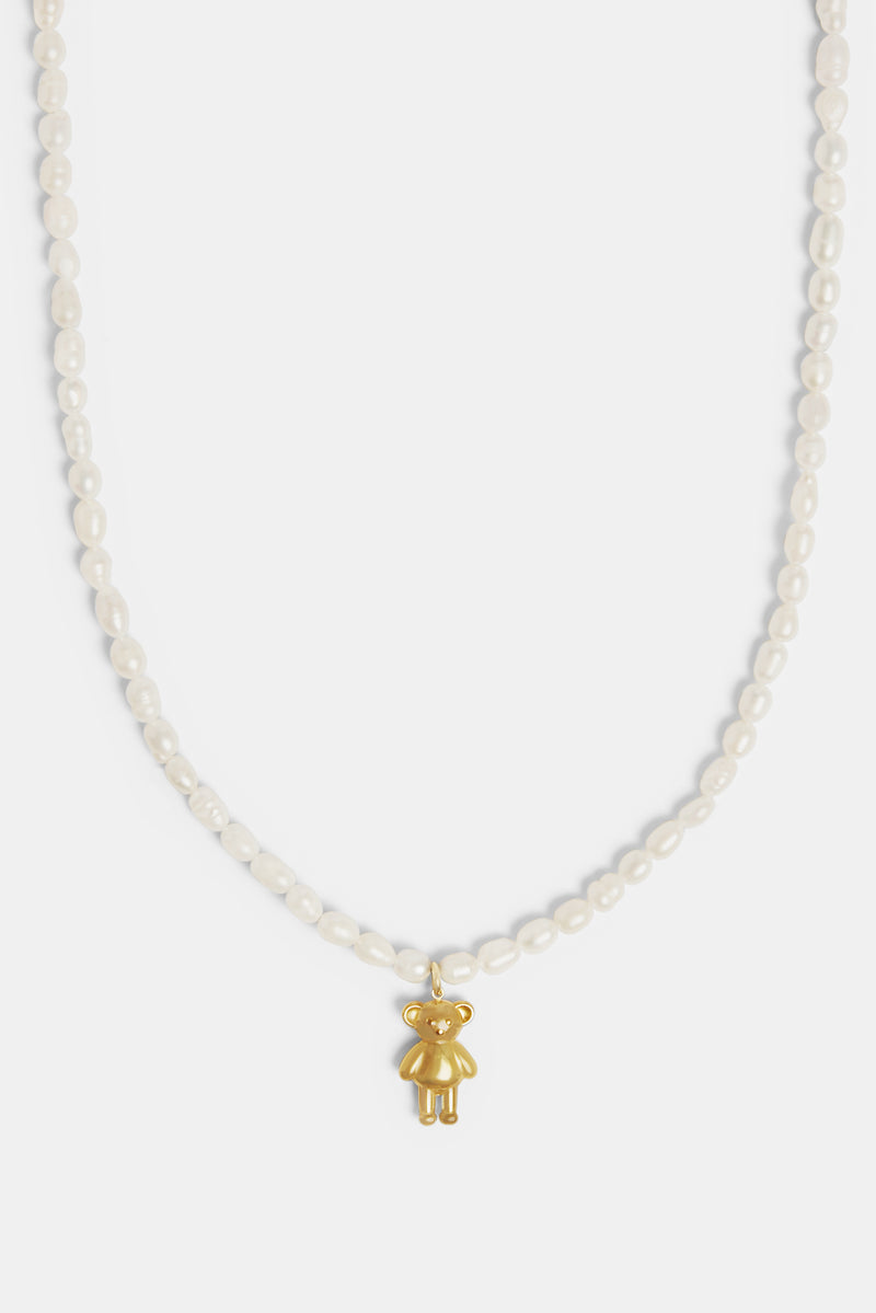 Gold Plated Seed Freshwater Pearl Necklace With Teddy Bear Charm