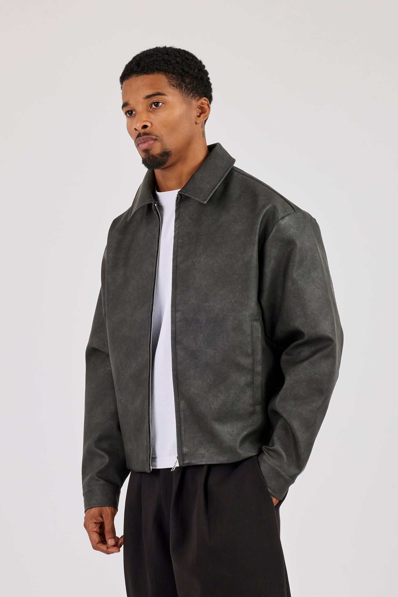Washed PU Collared Jacket - Washed Black
