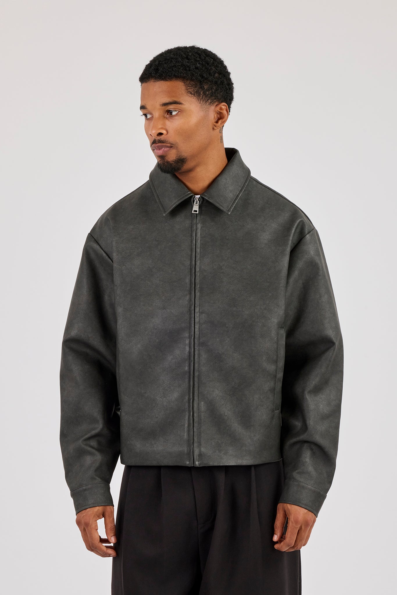 Washed PU Collared Jacket - Washed Black