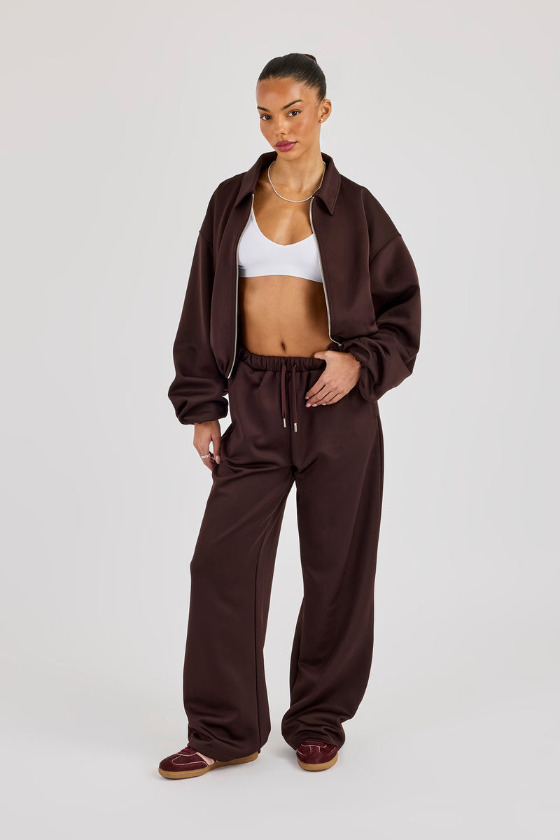 Poly Collared Bomber Jacket & Wide Leg Trouser - Chocolate