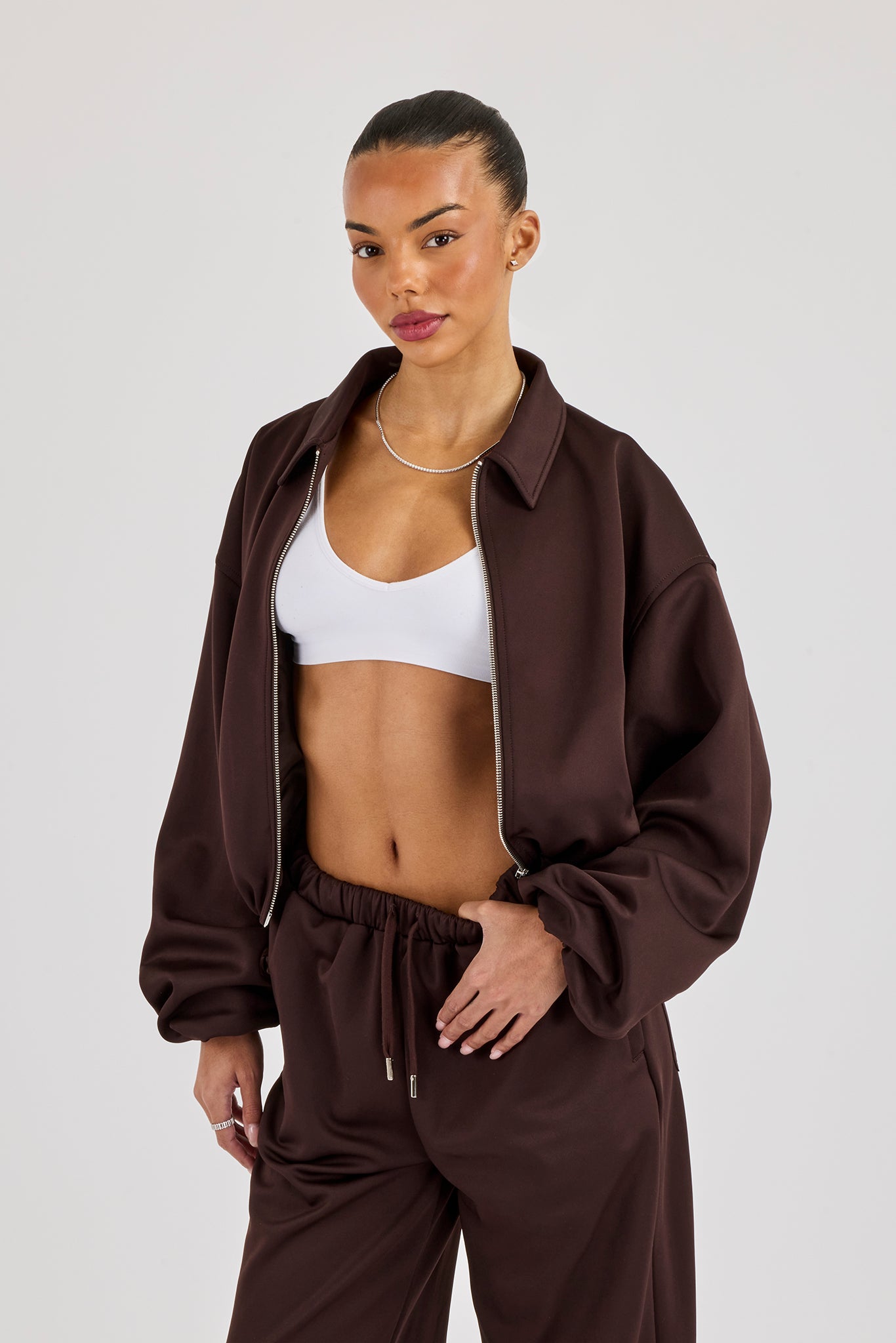 Poly Collared Bomber Jacket - Chocolate