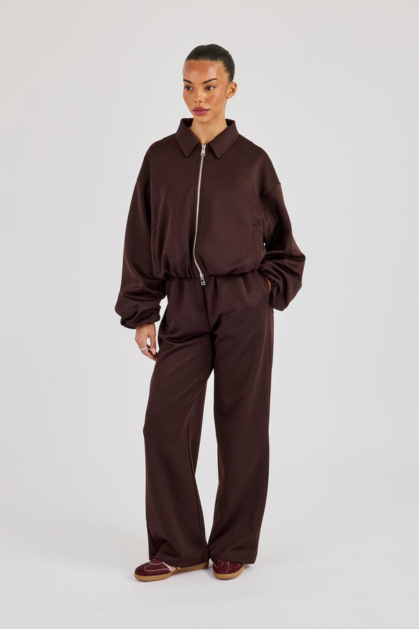 Poly Collared Bomber Jacket & Wide Leg Trouser - Chocolate