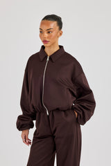 Poly Collared Bomber Jacket - Chocolate