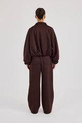 Poly Collared Bomber Jacket & Wide Leg Trouser - Chocolate