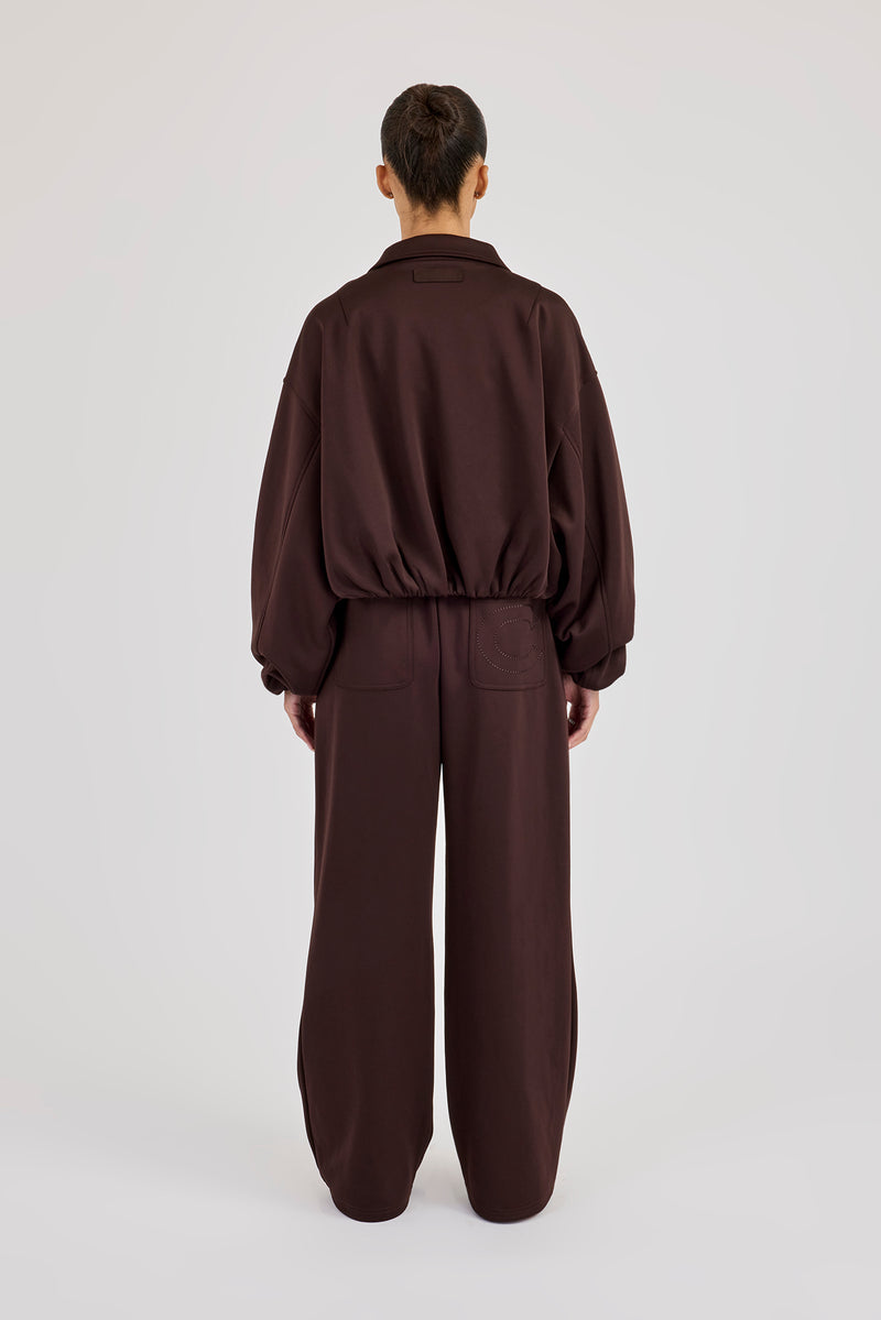 Poly Collared Bomber Jacket & Wide Leg Trouser - Chocolate
