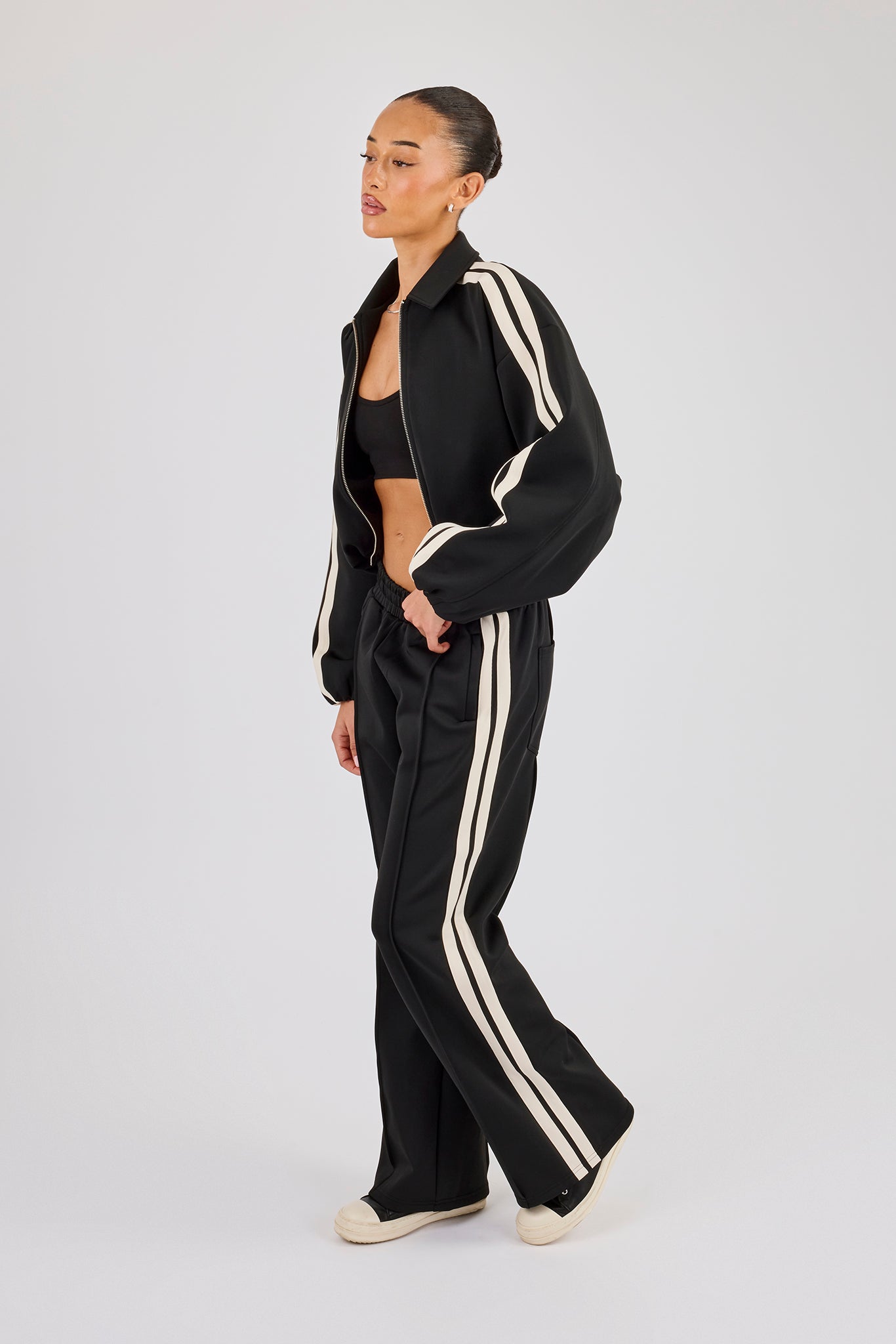 Taping Collared Bomber Jacket & Wide Leg Track Pant - Black