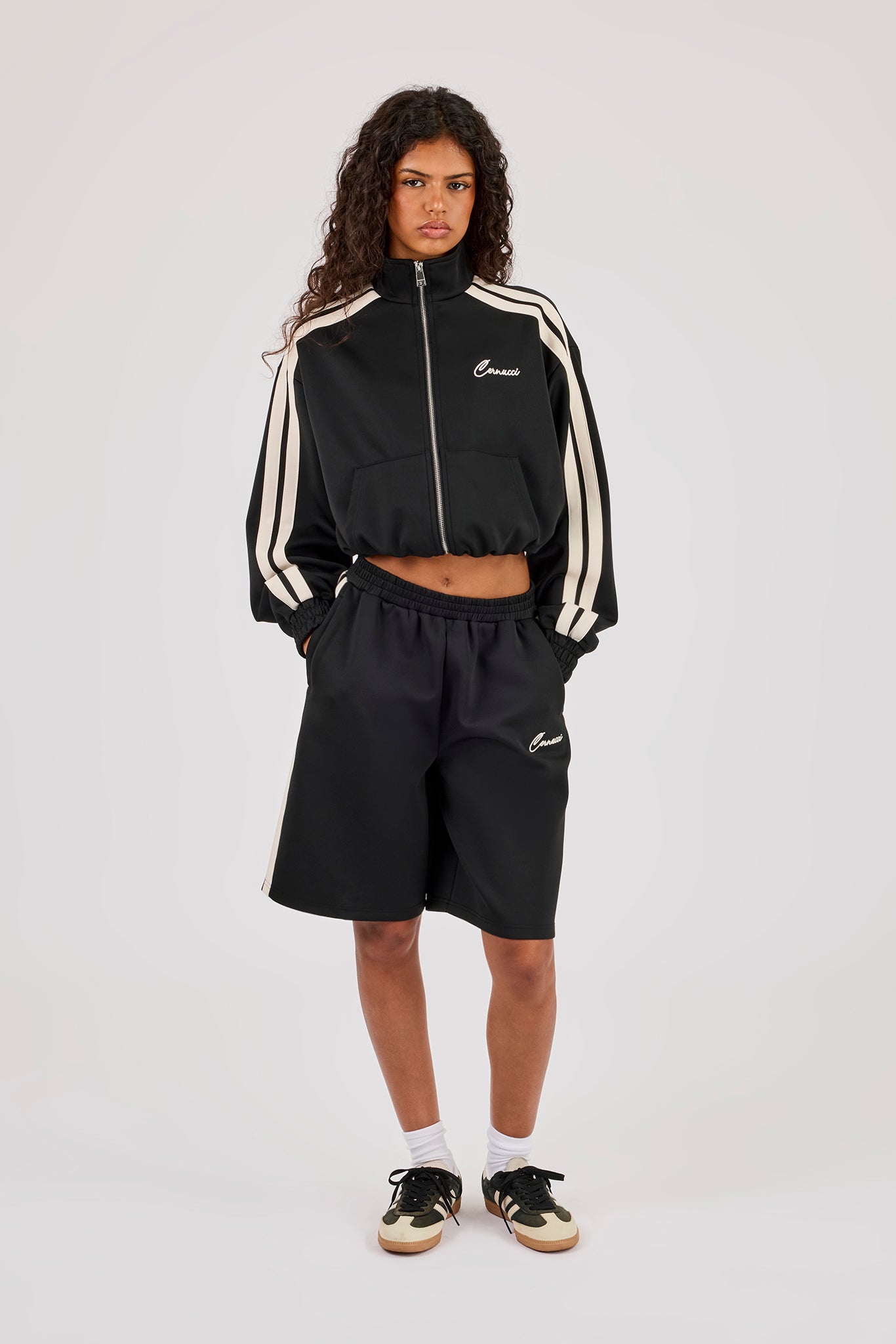 Taping Cropped Funnel Neck Jacket & Jort - Black