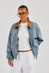 Denim Bomber Jacket With Twill Collar - Light Blue