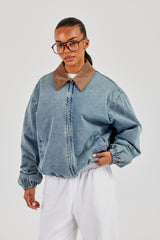 Denim Bomber Jacket With Twill Collar - Light Blue