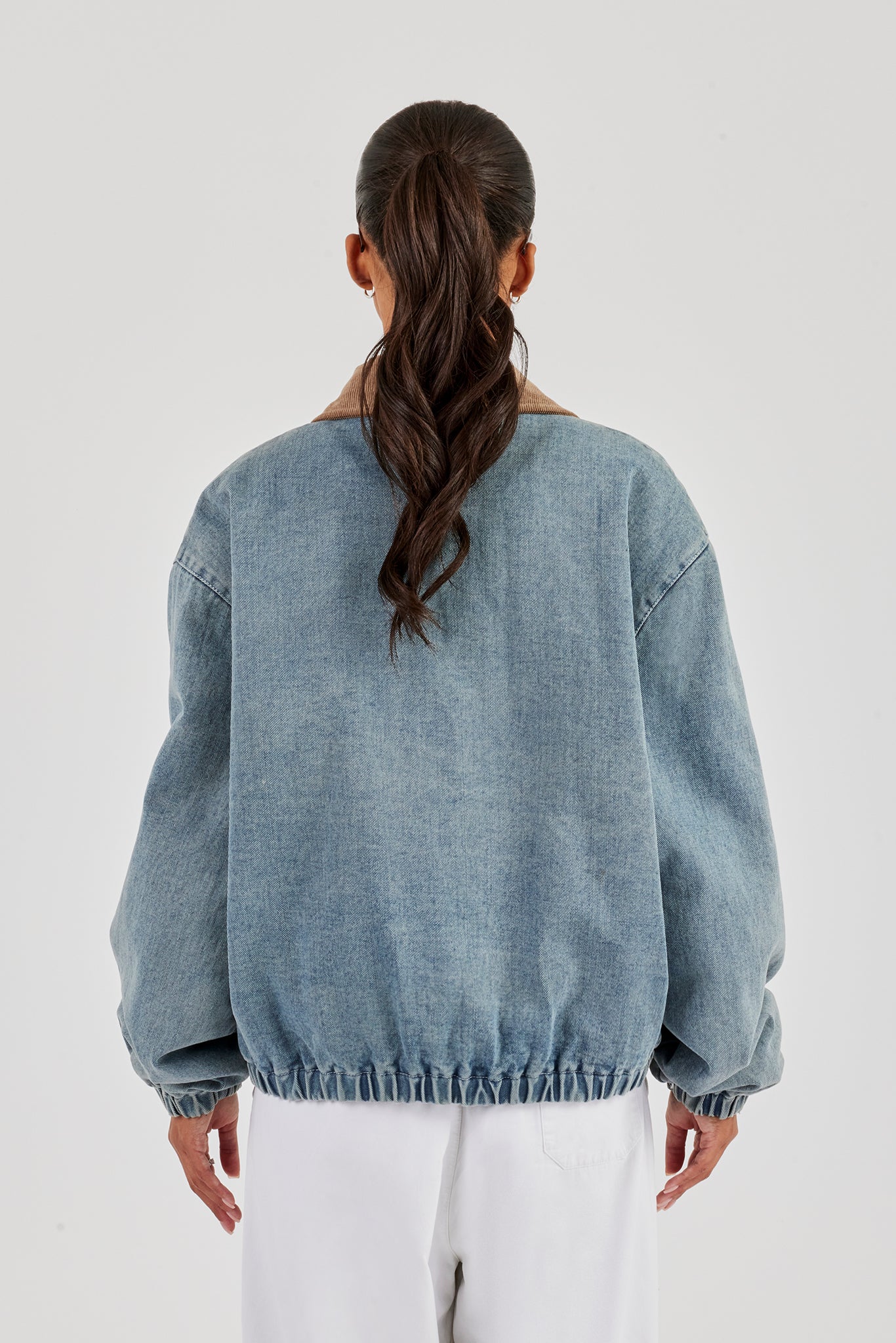 Denim Bomber Jacket With Twill Collar - Light Blue