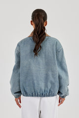 Denim Bomber Jacket With Twill Collar - Light Blue
