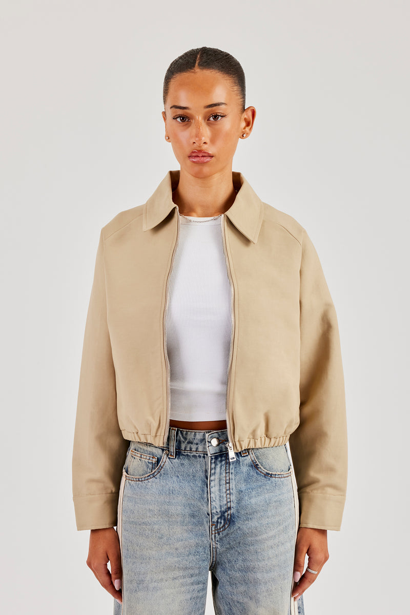 Collared Twill Bomber Jacket - Beige