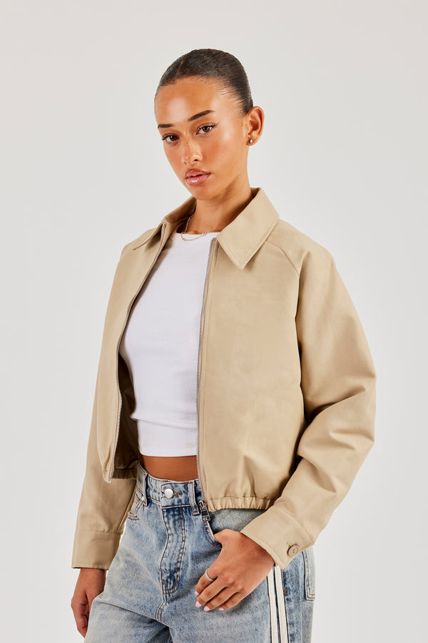 Collared Twill Bomber Jacket - Beige