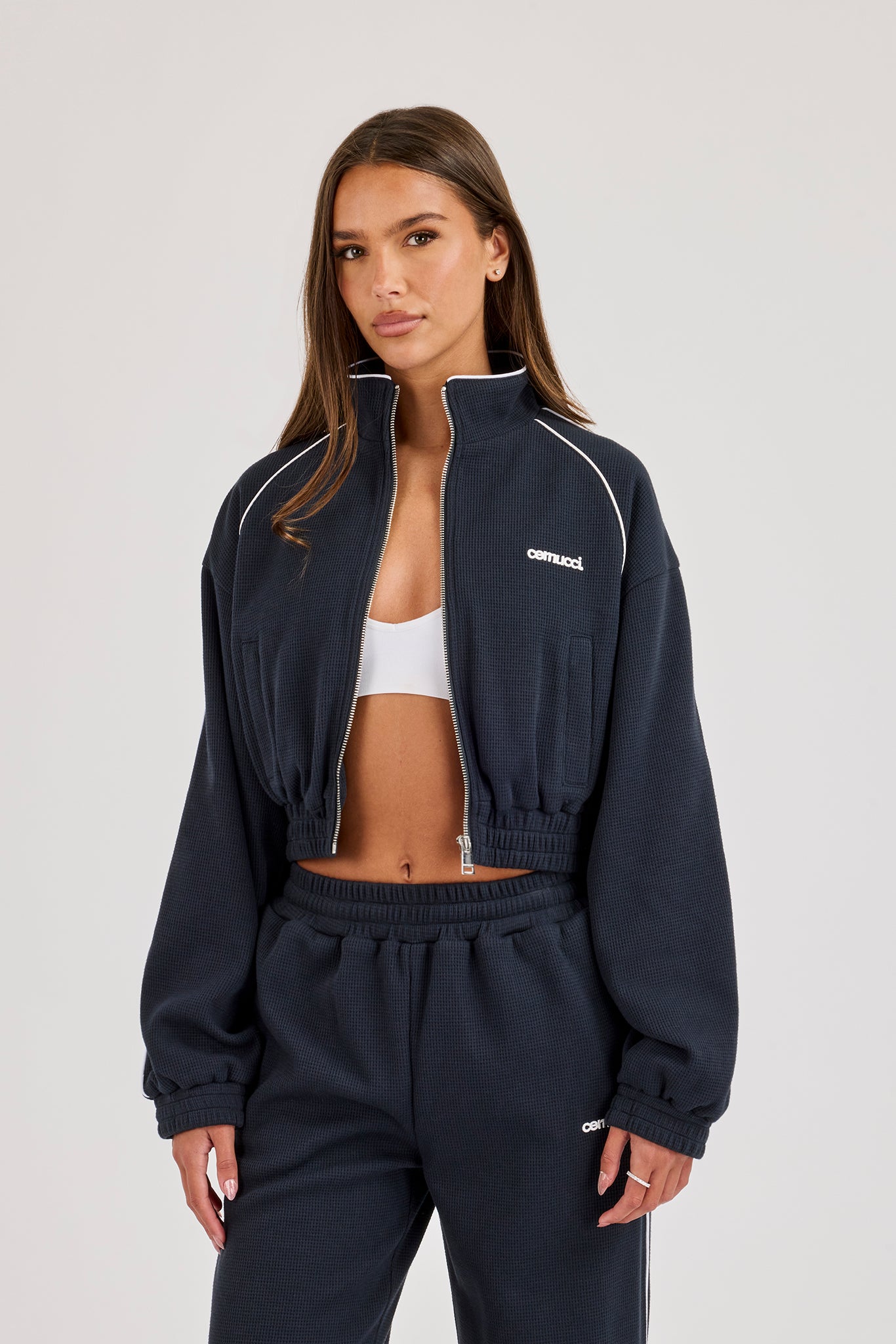 Waffle Contrast Piping Cropped Track Jacket - Navy Blue
