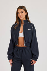 Waffle Contrast Piping Cropped Track Jacket - Navy Blue