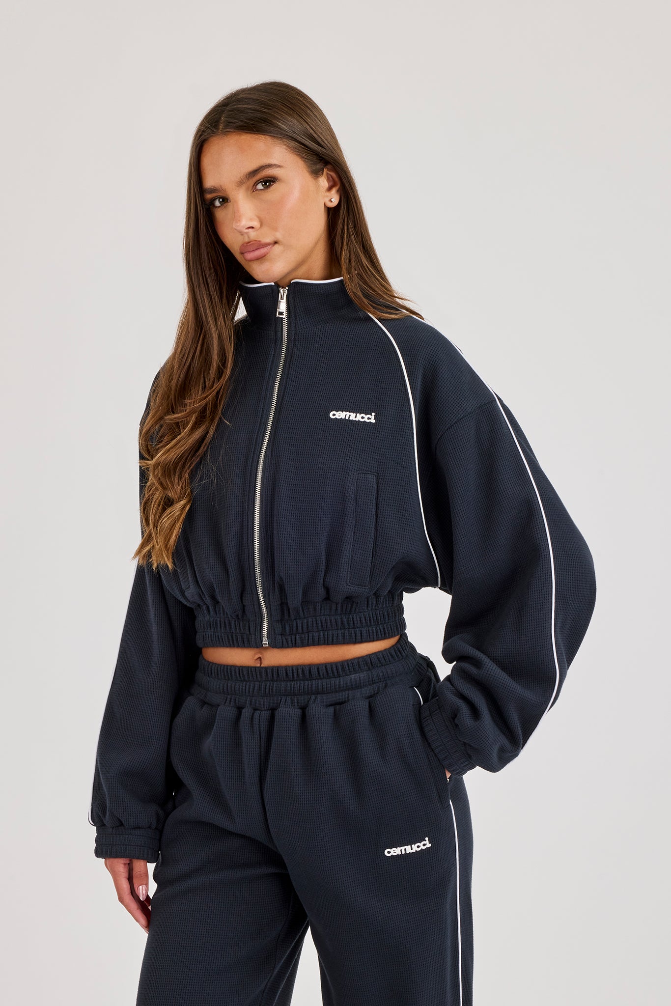 Waffle Contrast Piping Cropped Track Jacket - Navy Blue