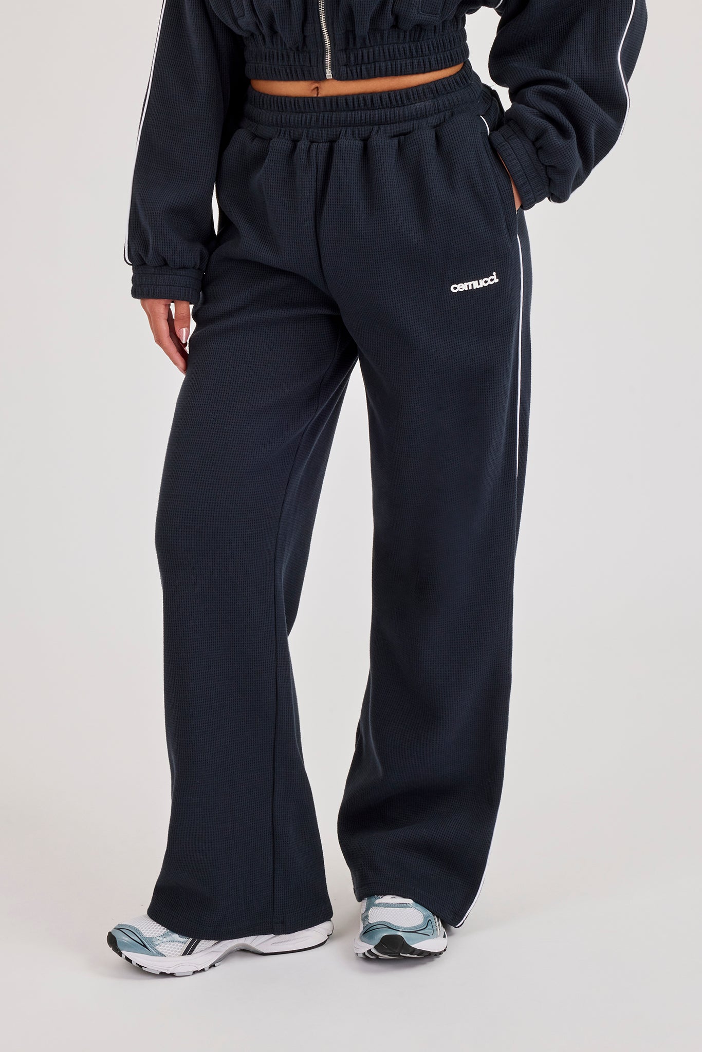 Waffle Contrast Piping Wide Leg Jogger Track Pant - Navy Blue