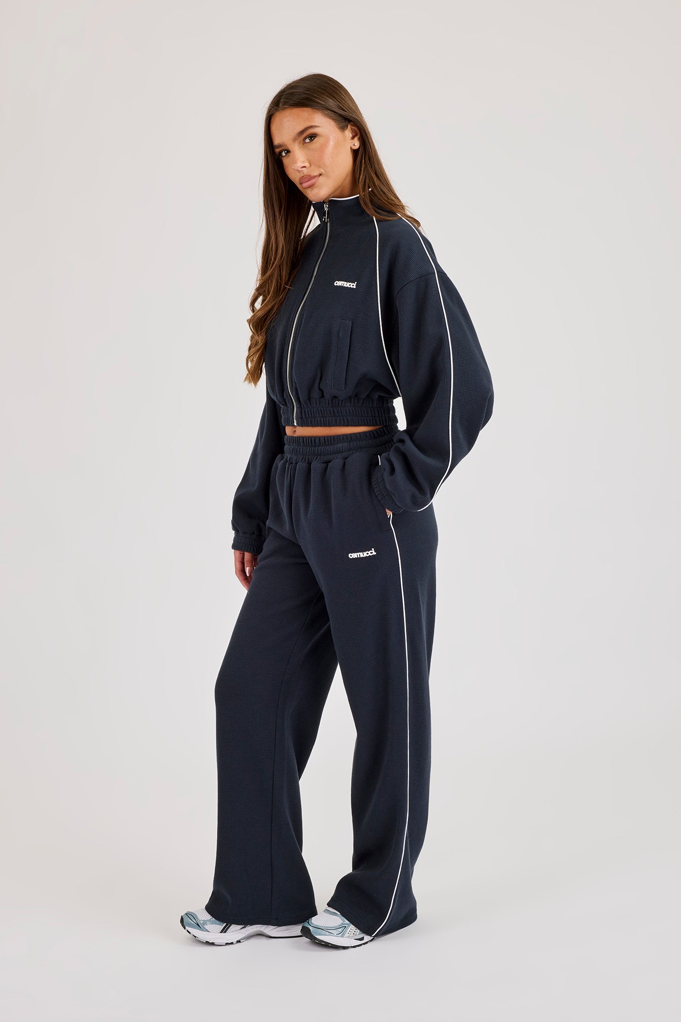 Waffle Contrast Piping Cropped Track Jacket & Wide Leg Jogger Track Pant - Navy Blue