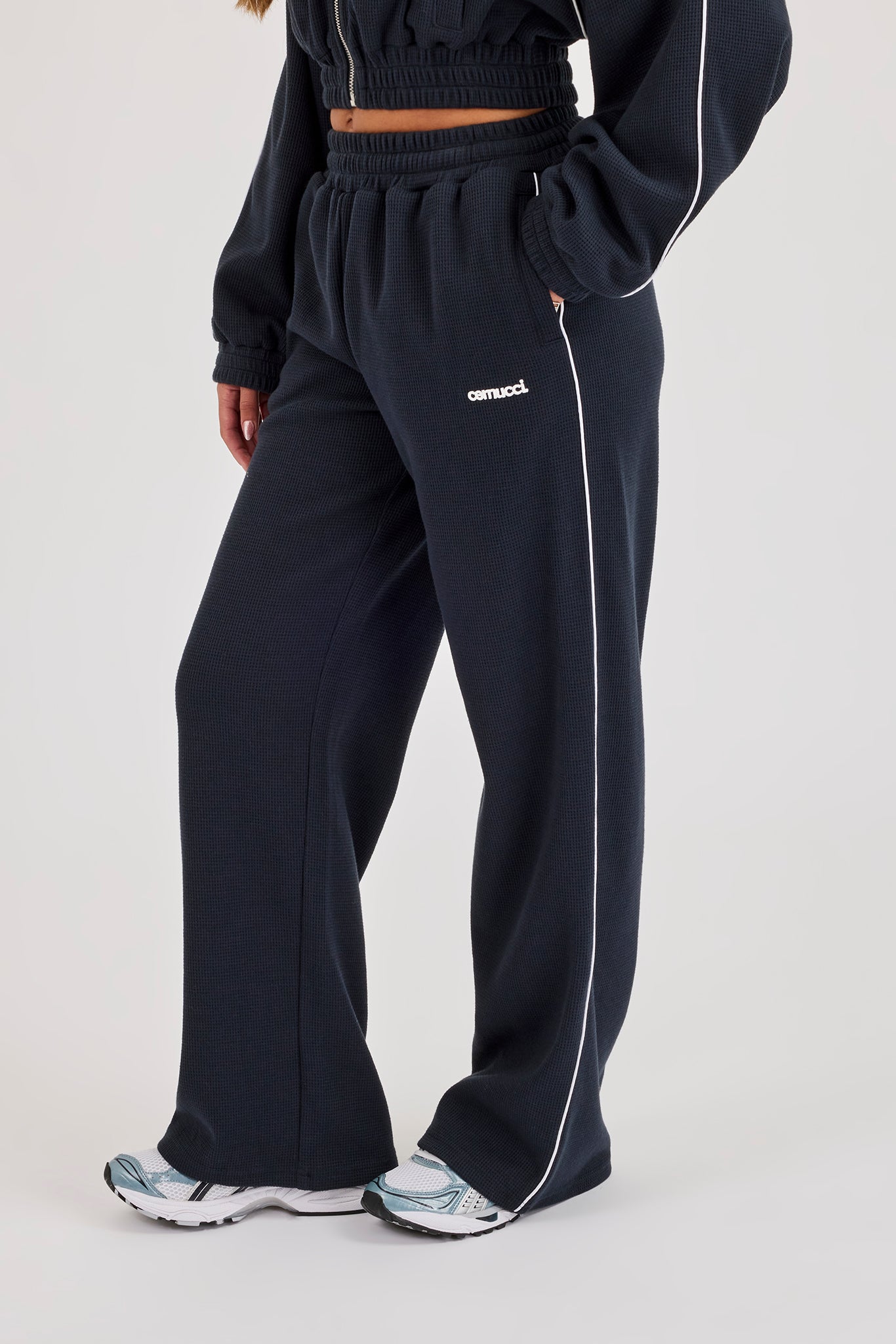 Waffle Contrast Piping Wide Leg Jogger Track Pant - Navy Blue