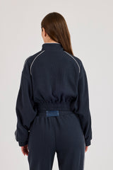 Waffle Contrast Piping Cropped Track Jacket - Navy Blue