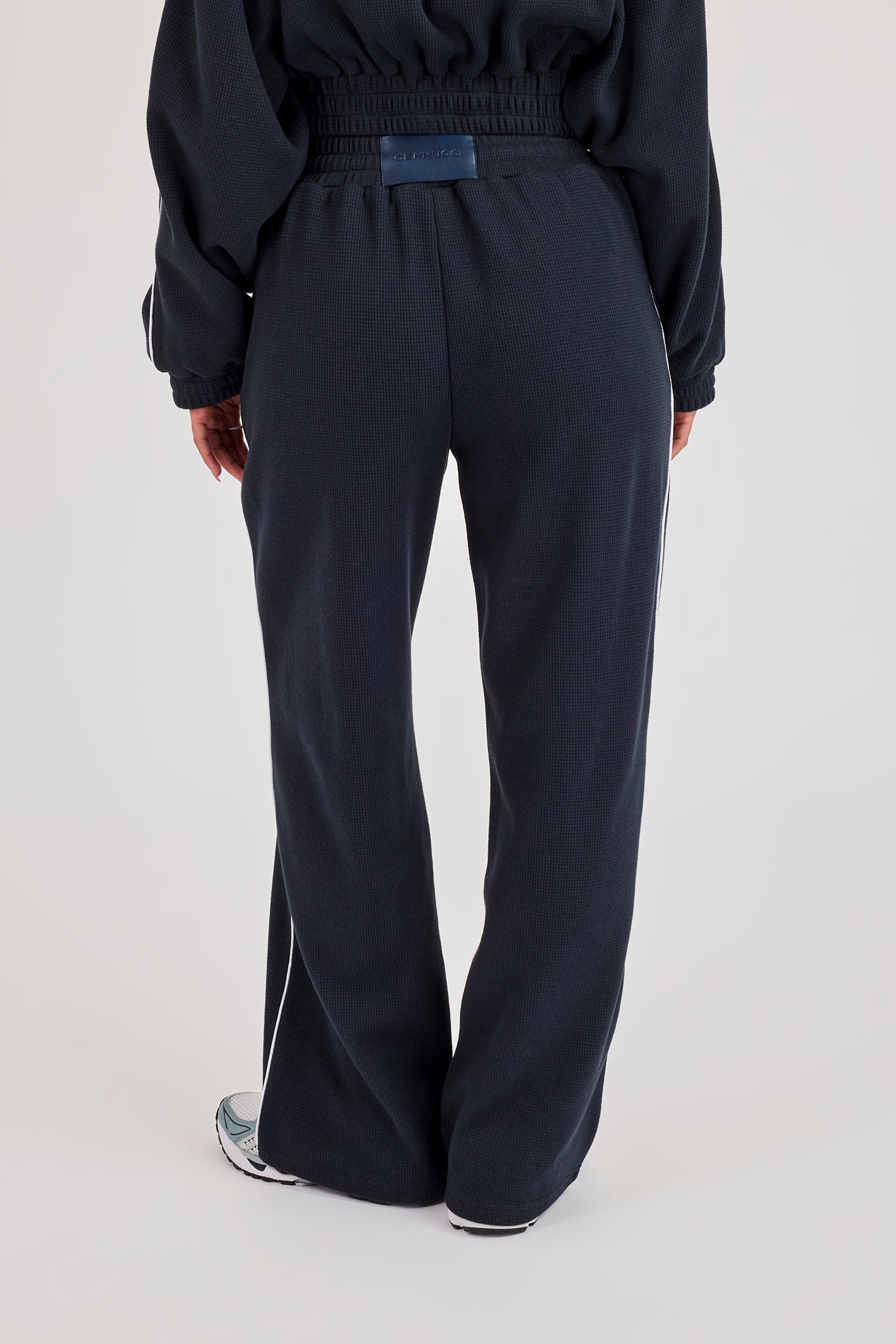 Waffle Contrast Piping Wide Leg Jogger Track Pant - Navy Blue