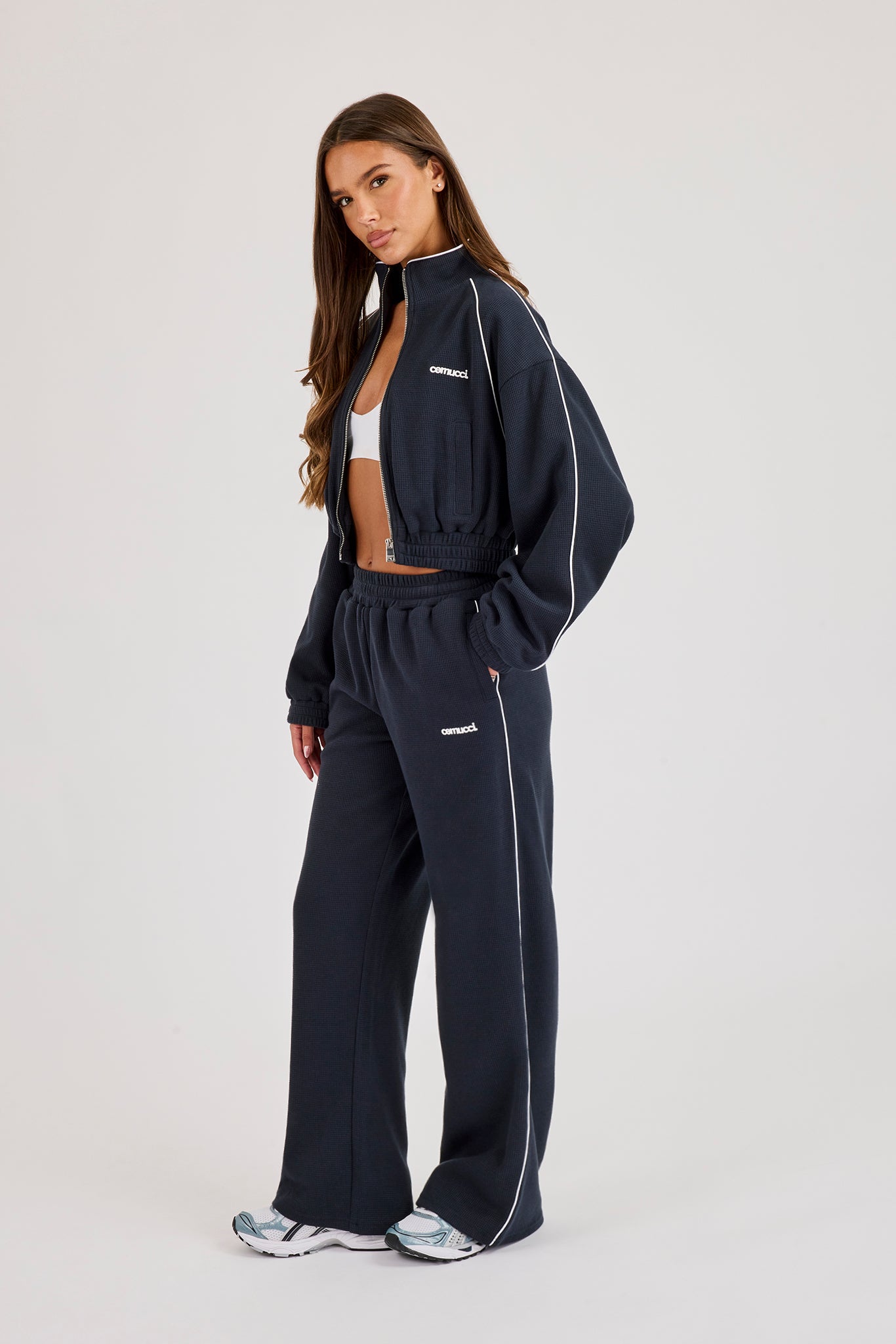 Waffle Contrast Piping Cropped Track Jacket & Wide Leg Jogger Track Pant - Navy Blue