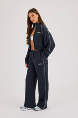 Waffle Contrast Piping Cropped Track Jacket & Wide Leg Jogger Track Pant - Navy Blue