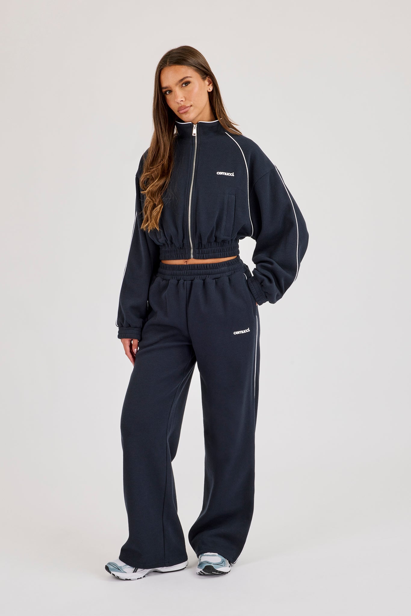 Waffle Contrast Piping Cropped Track Jacket & Wide Leg Jogger Track Pant - Navy Blue
