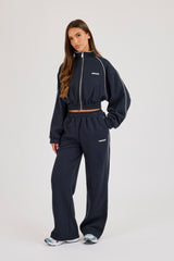 Waffle Contrast Piping Cropped Track Jacket & Wide Leg Jogger Track Pant - Navy Blue