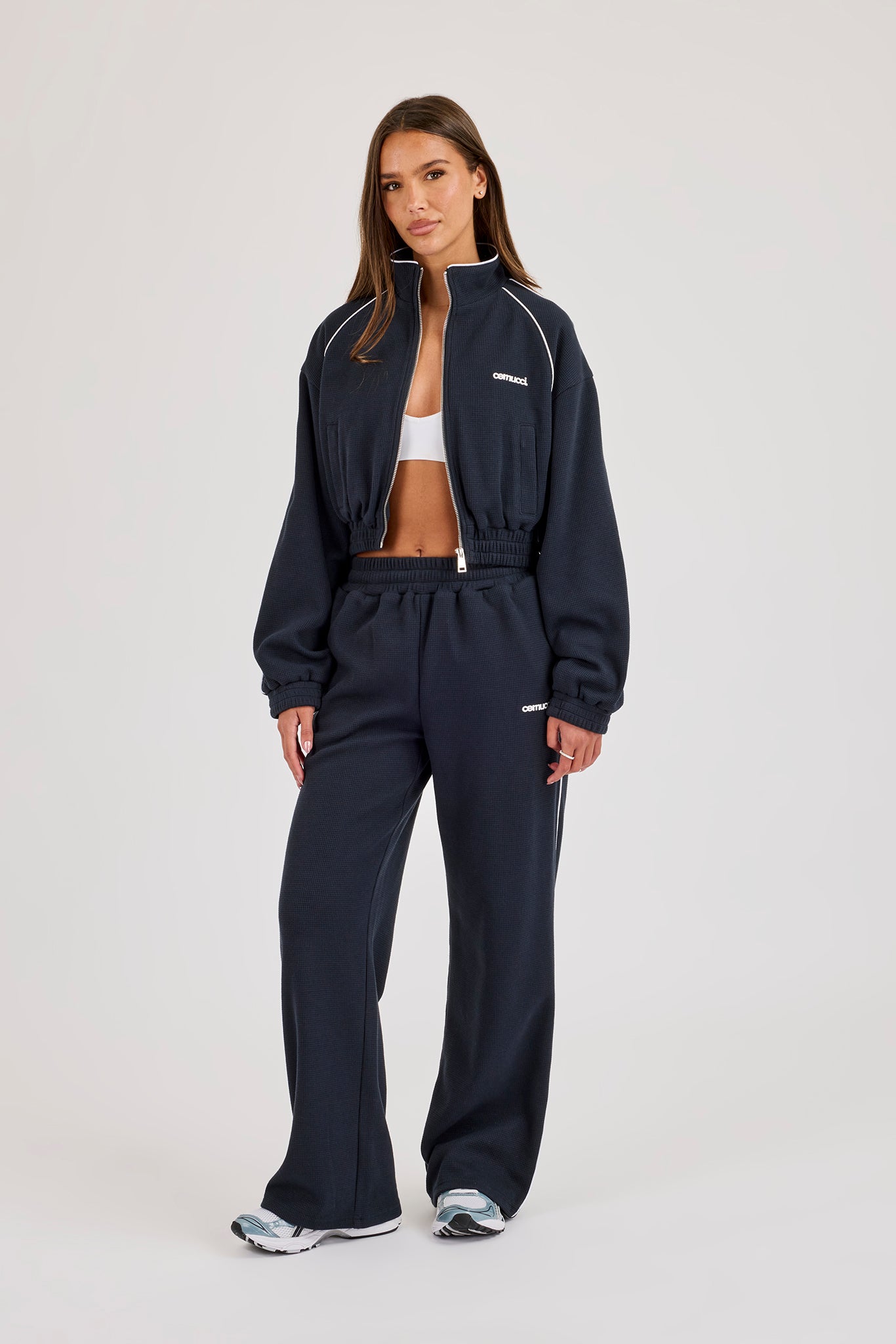 Waffle Contrast Piping Wide Leg Jogger Track Pant - Navy Blue