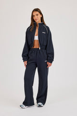 Waffle Contrast Piping Cropped Track Jacket & Wide Leg Jogger Track Pant - Navy Blue