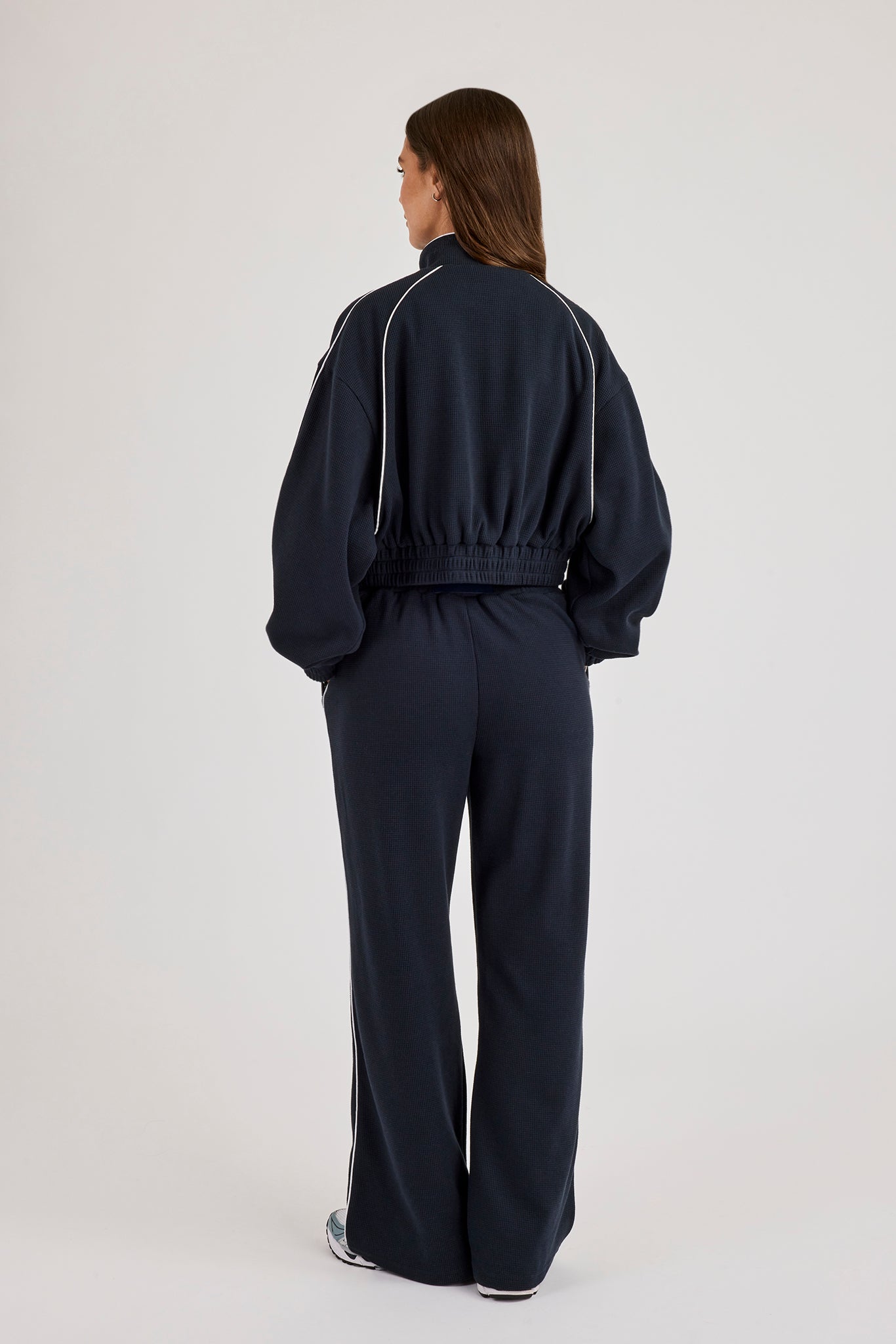 Waffle Contrast Piping Cropped Track Jacket & Wide Leg Jogger Track Pant - Navy Blue