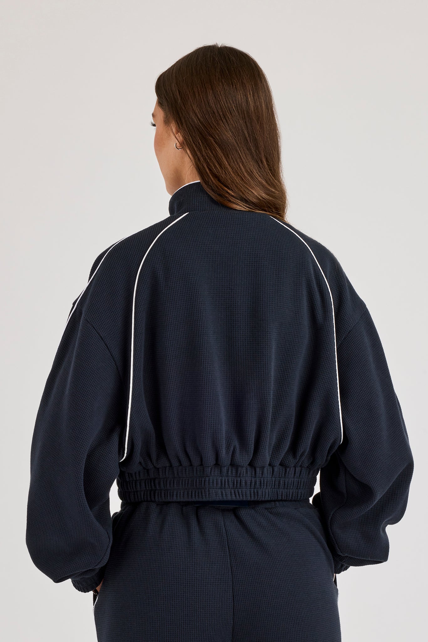 Waffle Contrast Piping Cropped Track Jacket - Navy Blue