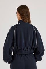 Waffle Contrast Piping Cropped Track Jacket - Navy Blue