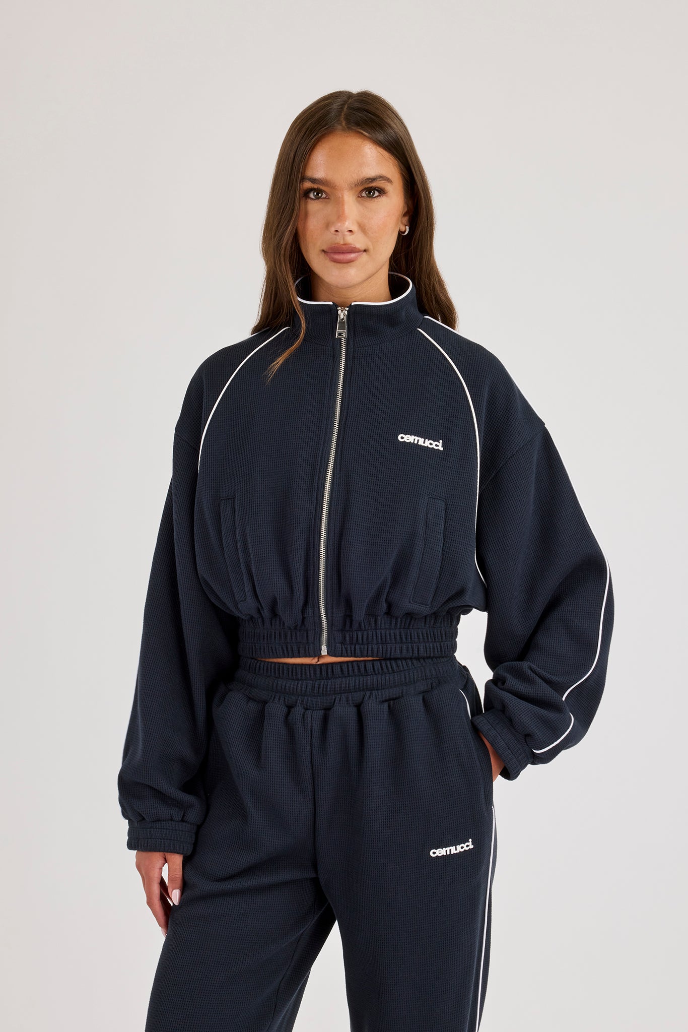 Waffle Contrast Piping Cropped Track Jacket - Navy Blue