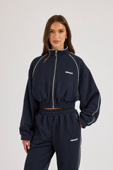 Waffle Contrast Piping Cropped Track Jacket - Navy Blue