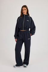 Waffle Contrast Piping Cropped Track Jacket & Wide Leg Jogger Track Pant - Navy Blue