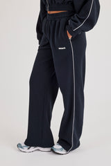 Waffle Contrast Piping Wide Leg Jogger Track Pant - Navy Blue