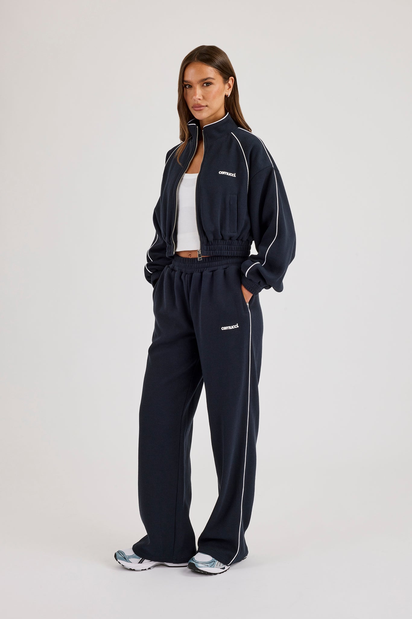 Waffle Contrast Piping Cropped Track Jacket & Wide Leg Jogger Track Pant - Navy Blue