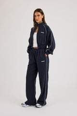 Waffle Contrast Piping Cropped Track Jacket & Wide Leg Jogger Track Pant - Navy Blue