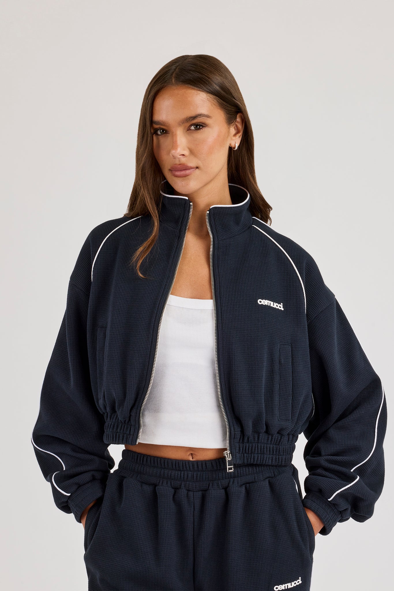 Waffle Contrast Piping Cropped Track Jacket - Navy Blue